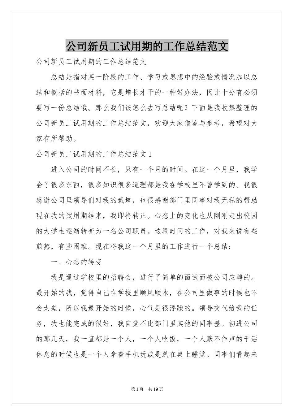 公司新员工试用期的工作参考总结范本_第1页