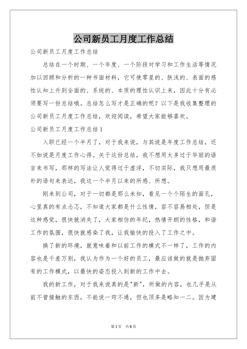 公司新员工月度工作参考总结_第1页