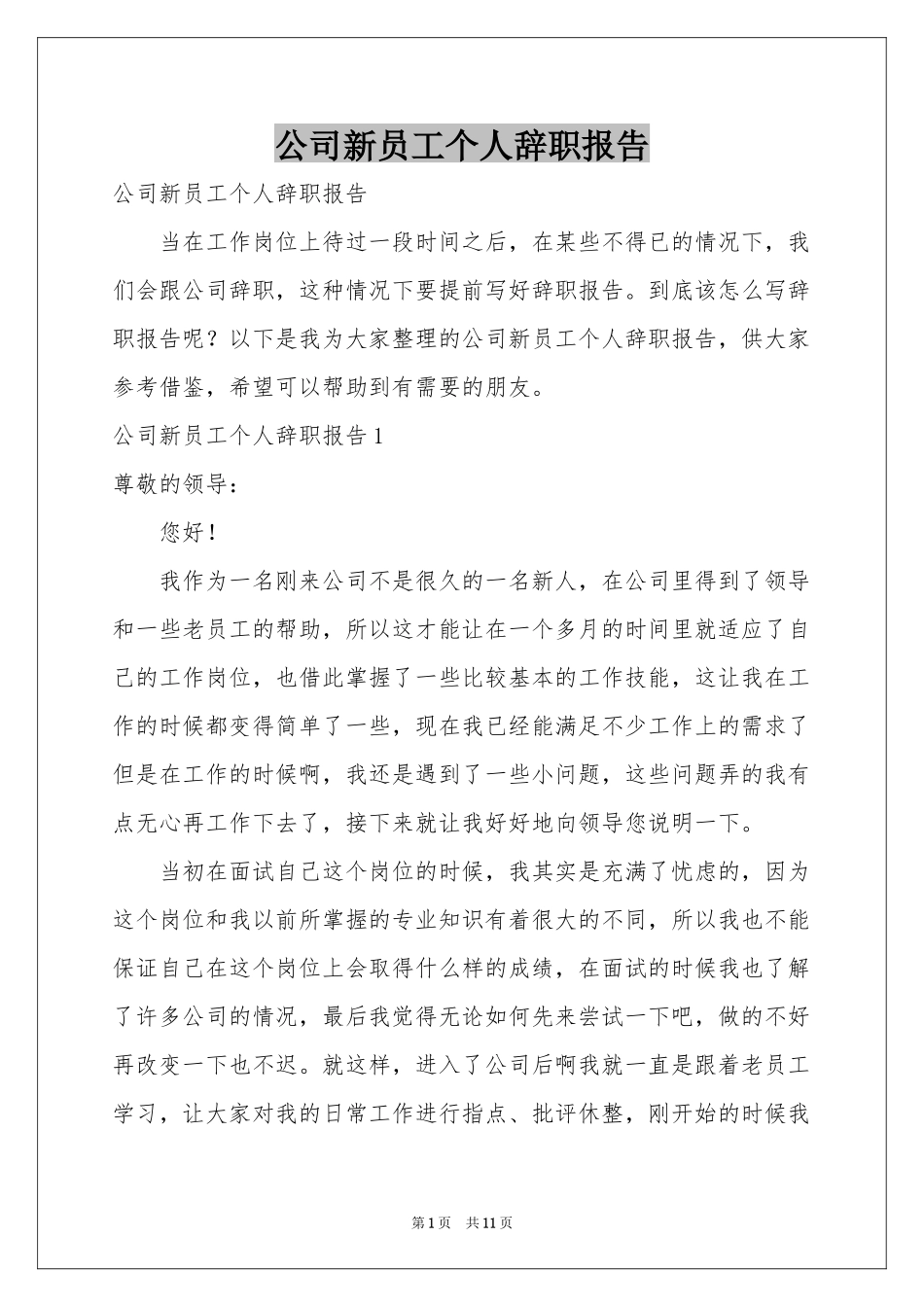 公司新员工个人辞职报告_第1页