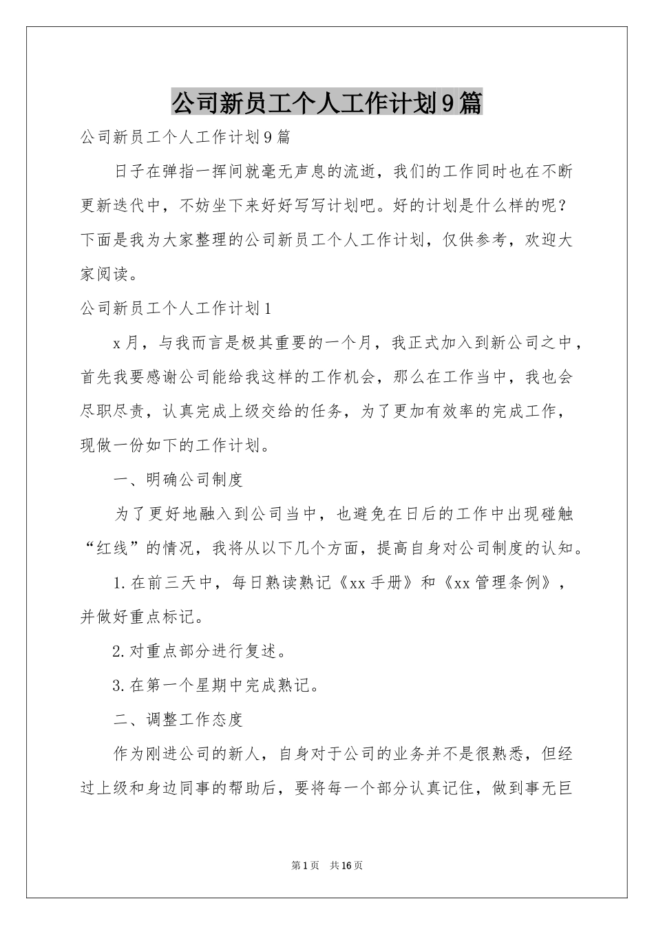 公司新员工个人工作参考计划9篇_第1页