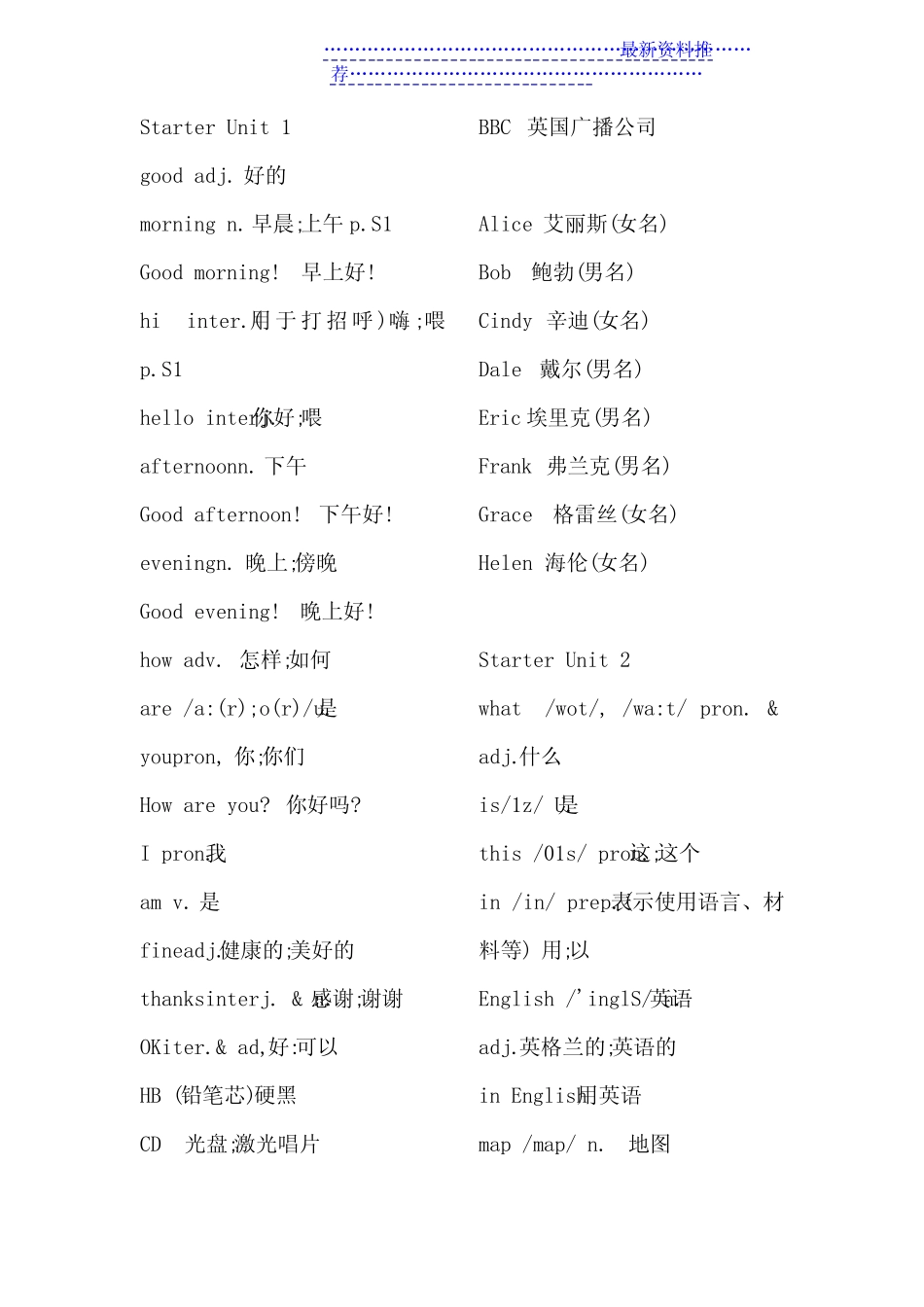人教版七年级上册英语单词表(预备单元) _第1页