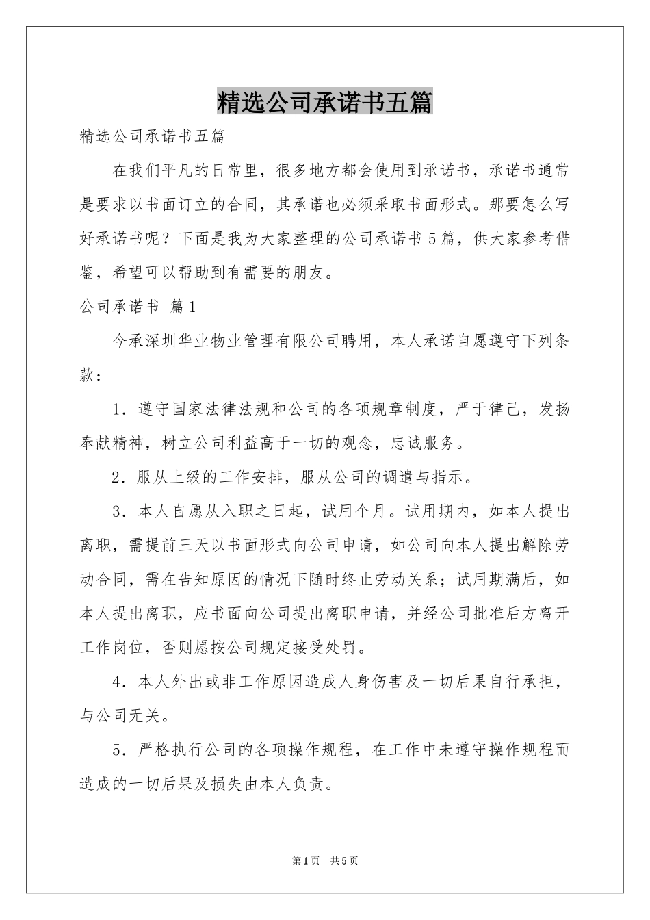 公司承诺书五篇_第1页