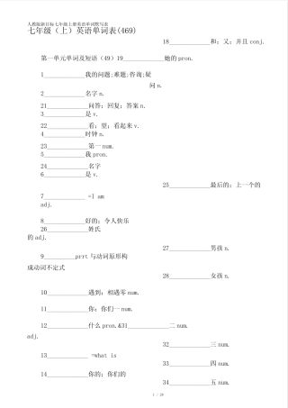 人教版新目标七年级上册英语单词默写表4653 