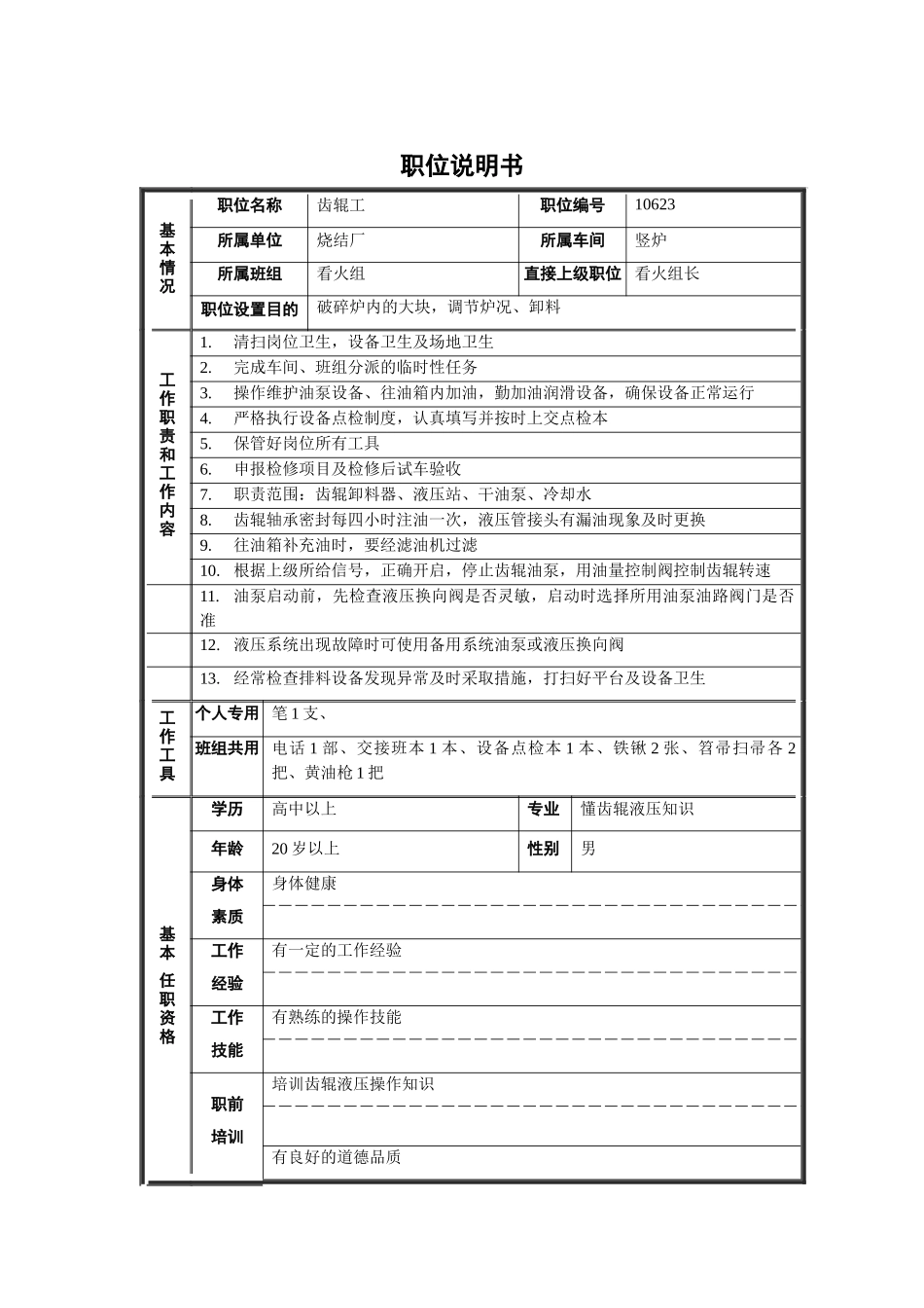 烧结厂竖炉车间看火组齿辊工职位说明书_第1页