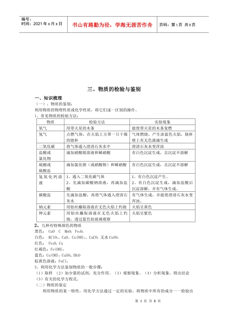 物质的检验与鉴别知识练习题_第1页