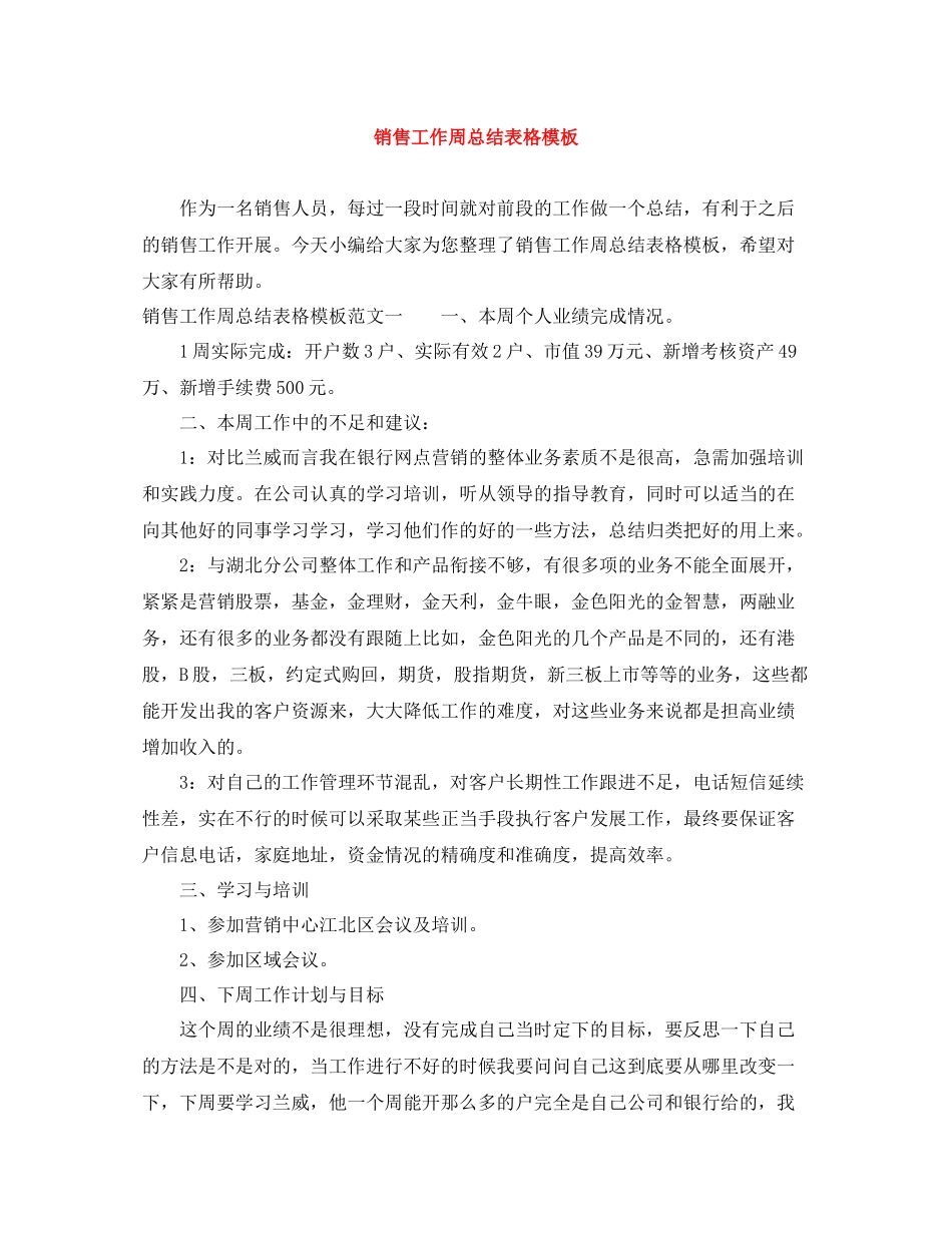 销售工作周总结表格模板_第1页