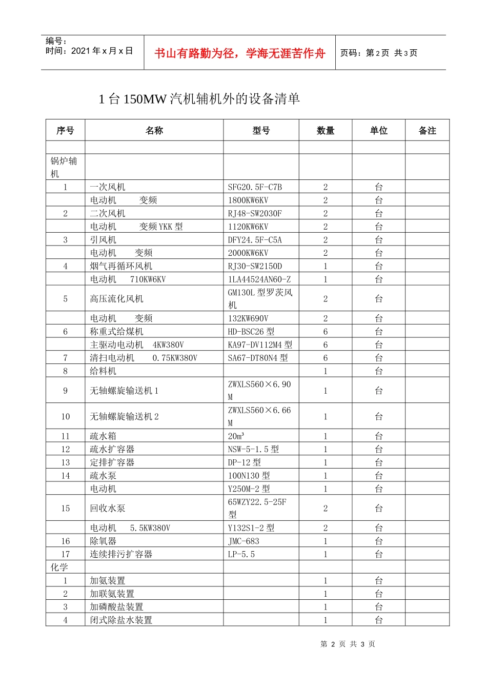 1×670th锅炉+1×150mw机组除汽机本体辅机外的所有设备安装工程询价书_第2页