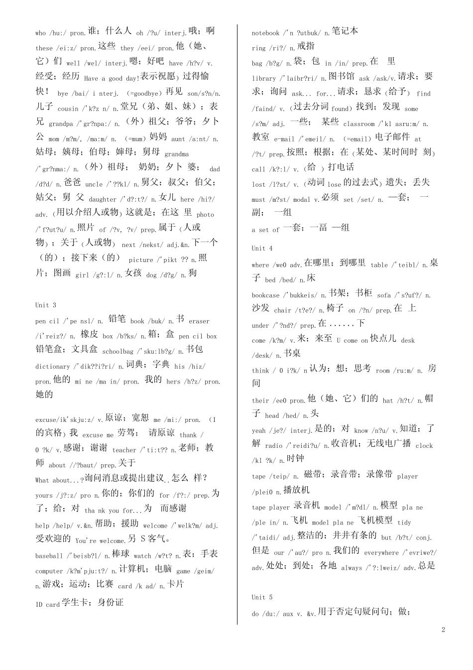 七年级上册英语各单元-单词表(免费) _第2页