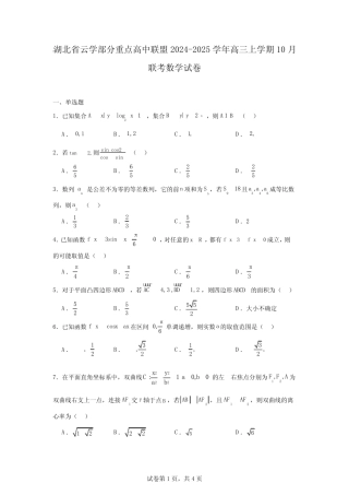 湖北省云学部分重点高中联盟2024-2025学年高三上学期10月联考数学...