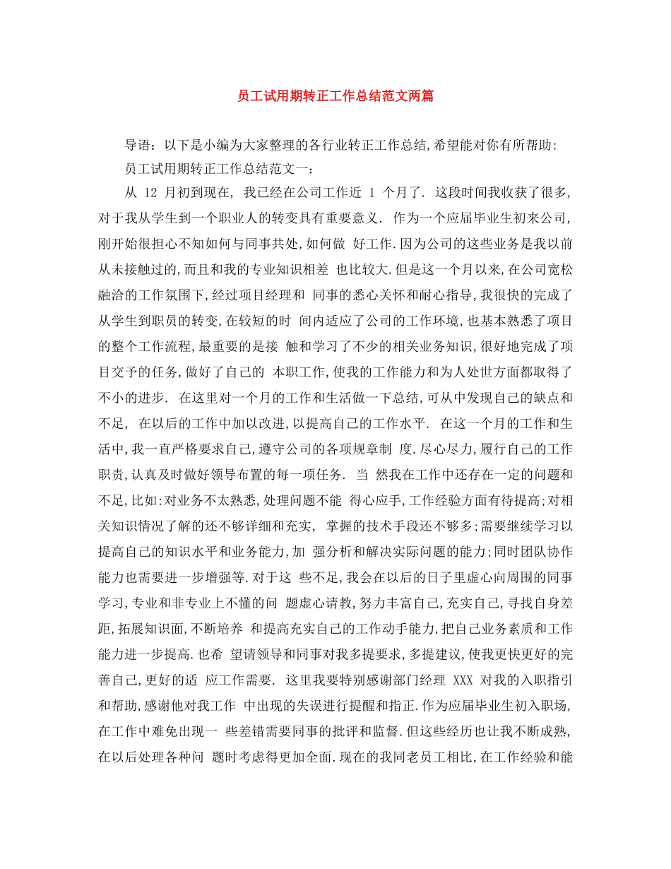 员工试用期转正工作总结范文两篇 _第1页