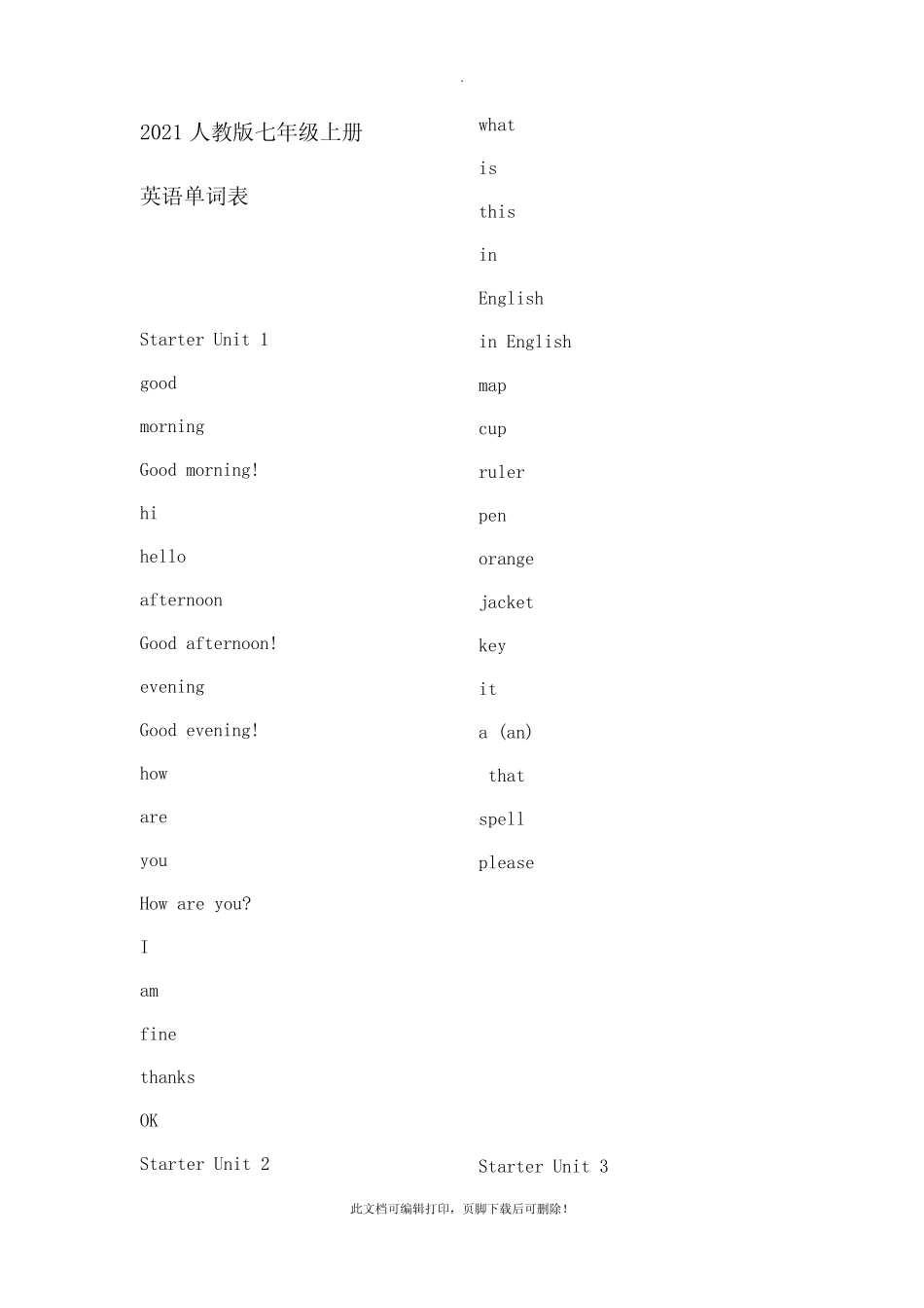 人教版七年级上册英语单词表默写本2 _第1页