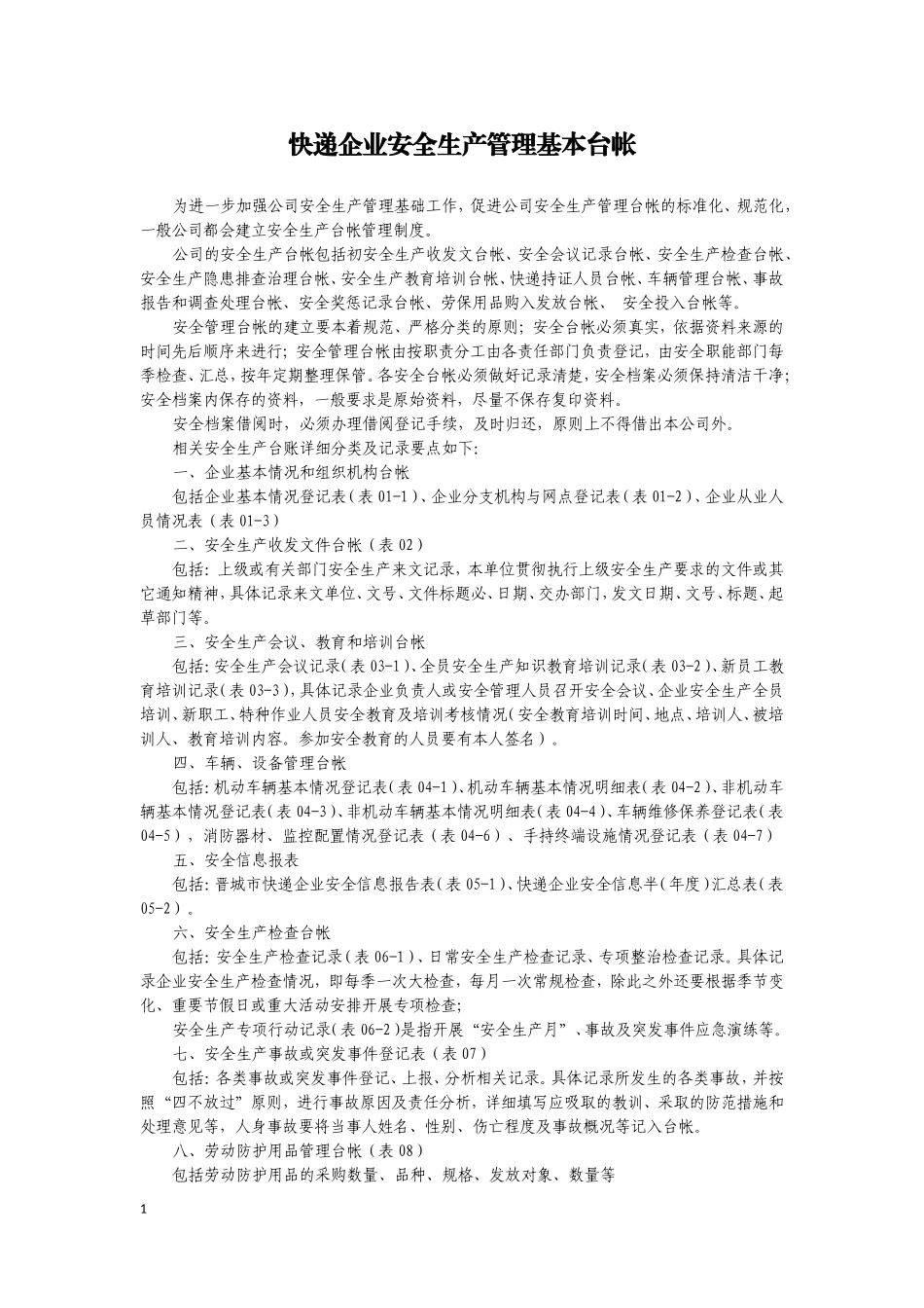 快递企业安全生产管理基本台帐(DOC32页)_第1页