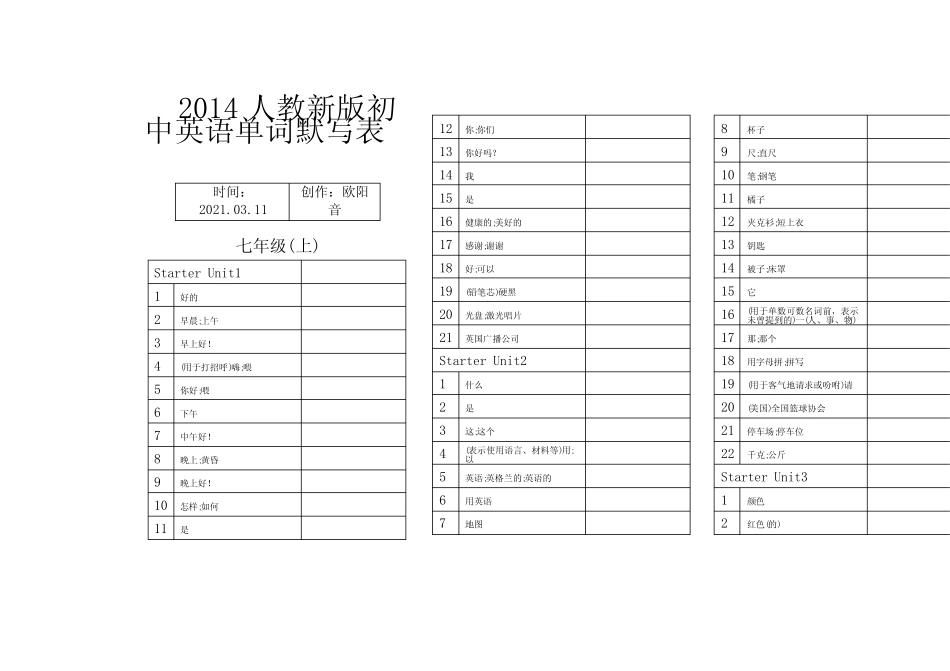 人教新版七年级上册英语单词默写表(直接打印)之欧阳音创编_图文_百度..._第1页