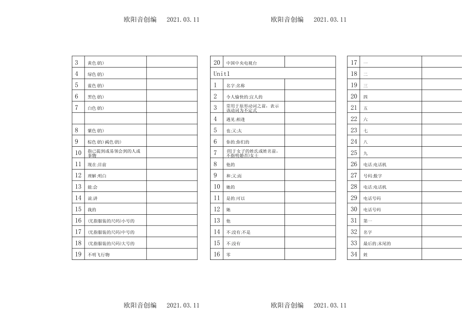 人教新版七年级上册英语单词默写表(直接打印)之欧阳音创编_图文_百度..._第2页