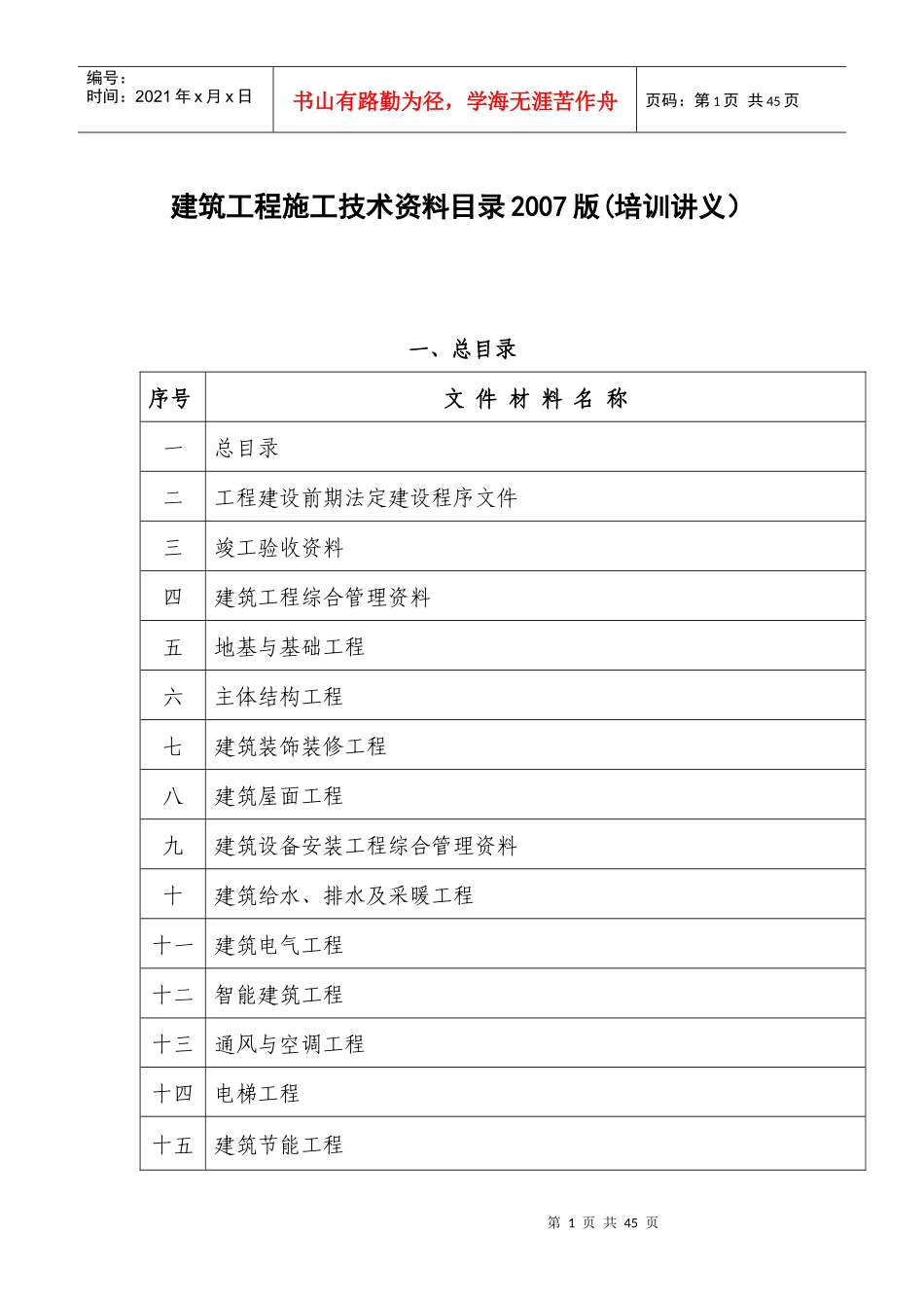 建筑工程施工技术资料目录(doc 43页)_第1页
