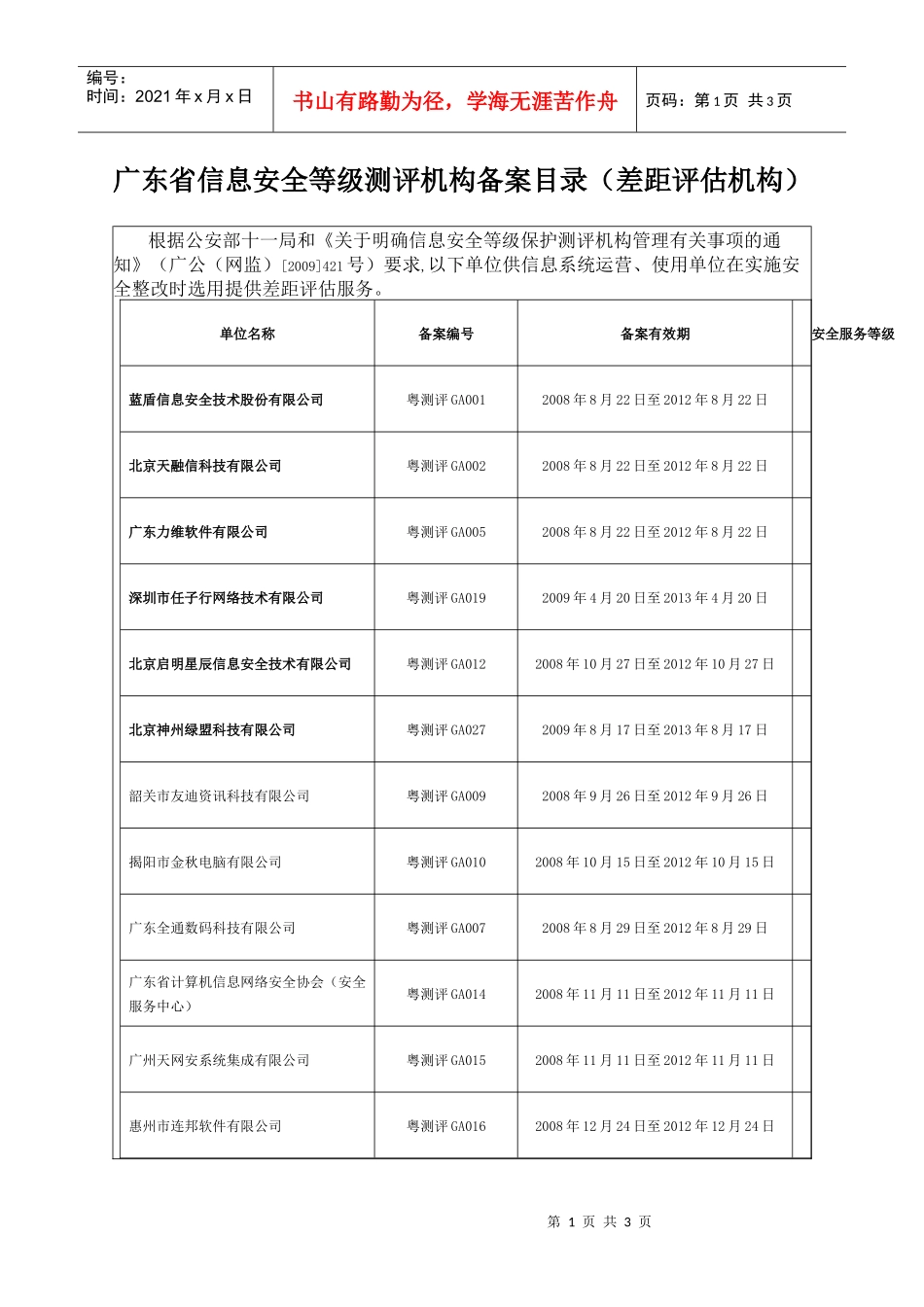 广东省信息安全等级测评机构备案目录(差距评估机构)_第1页