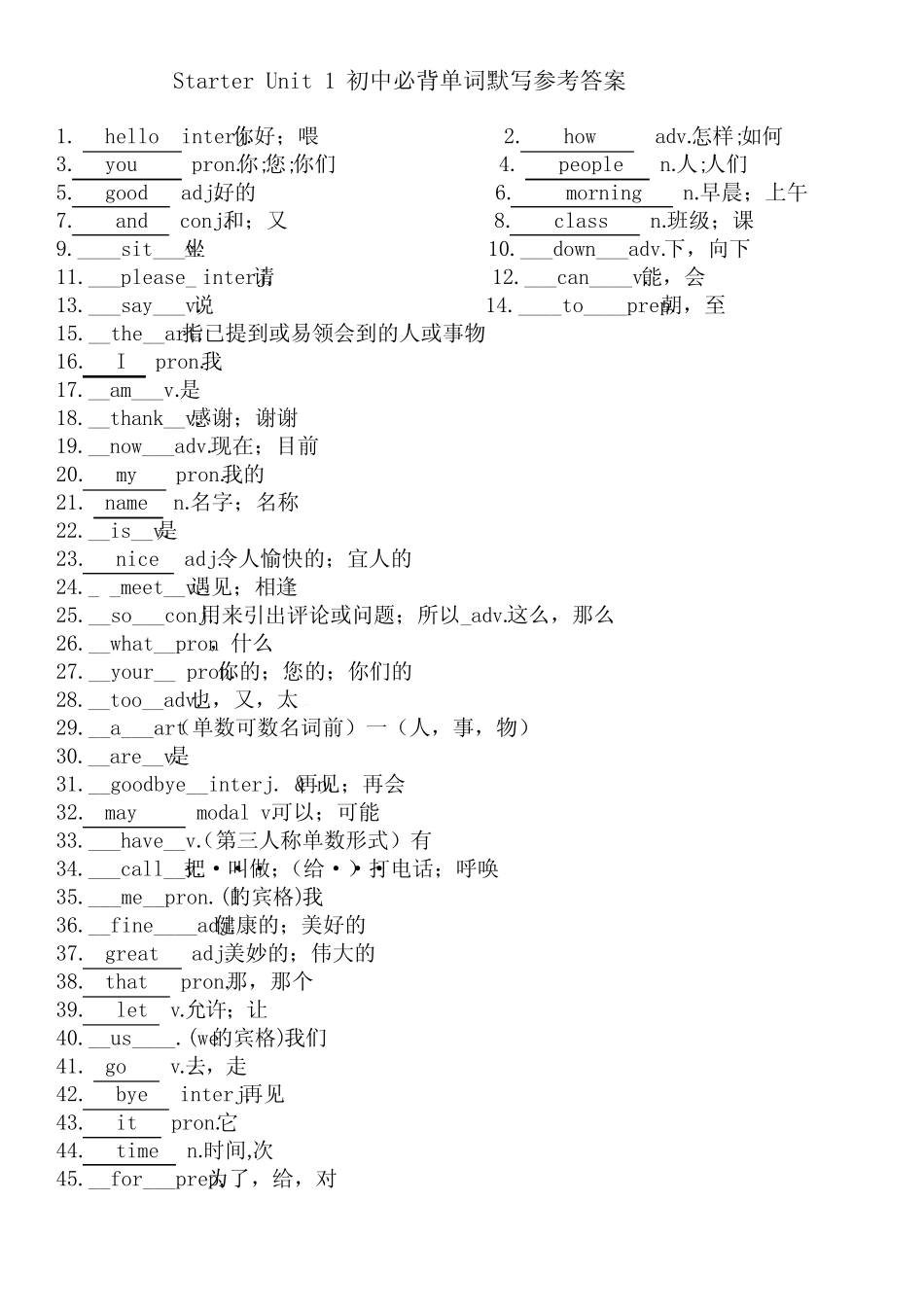 StarterUnit1必背单词默写对照+2024-2025学年人教版英语七年级上册_第1页
