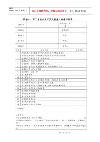 附表一开工前安全生产及文明施工条件评估表