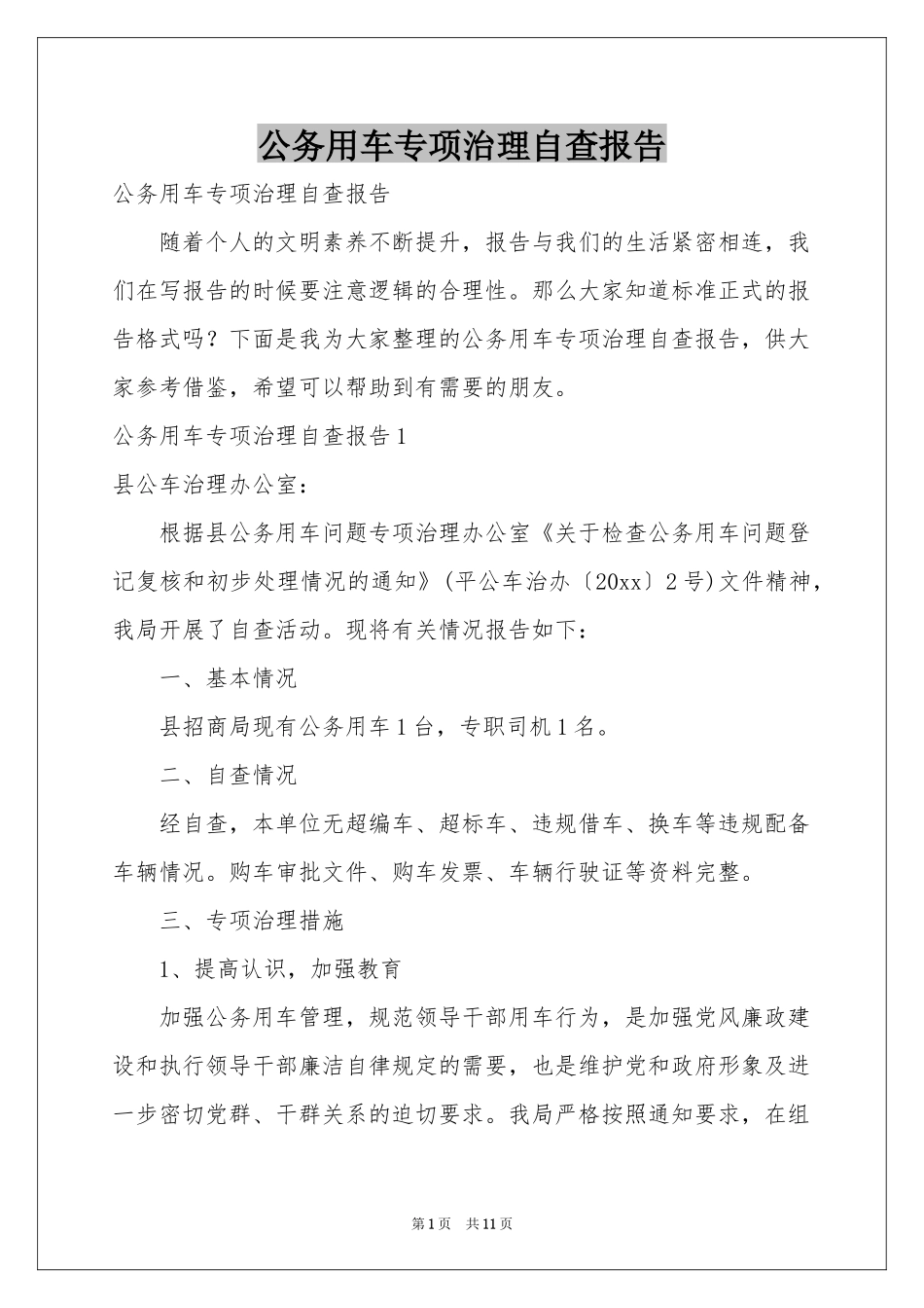 公务用车专项治理自查报告_第1页