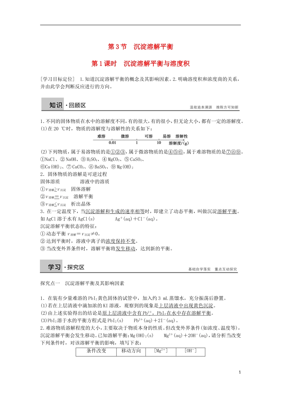 沉淀溶解平衡与溶度积学案鲁科版选修_第1页