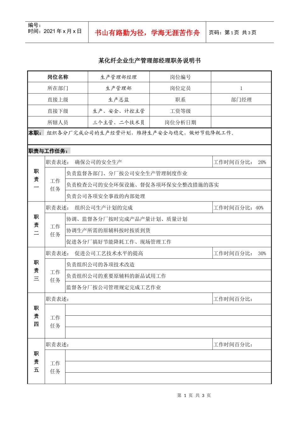 某化纤企业分厂生产管理部经理职务说明书_第1页