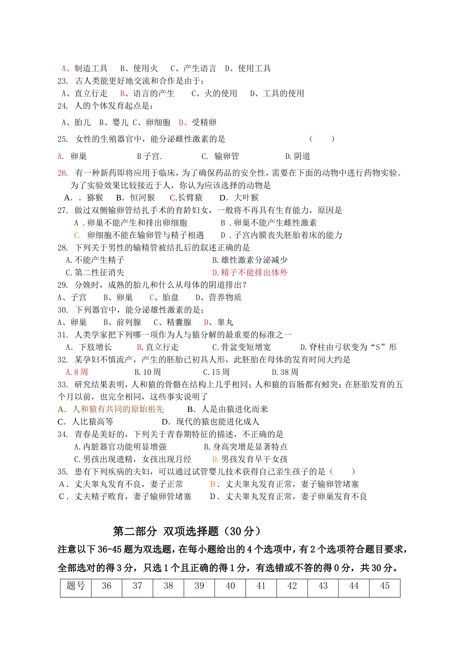 2013七年级生物（下）单元测试题（一）_第3页