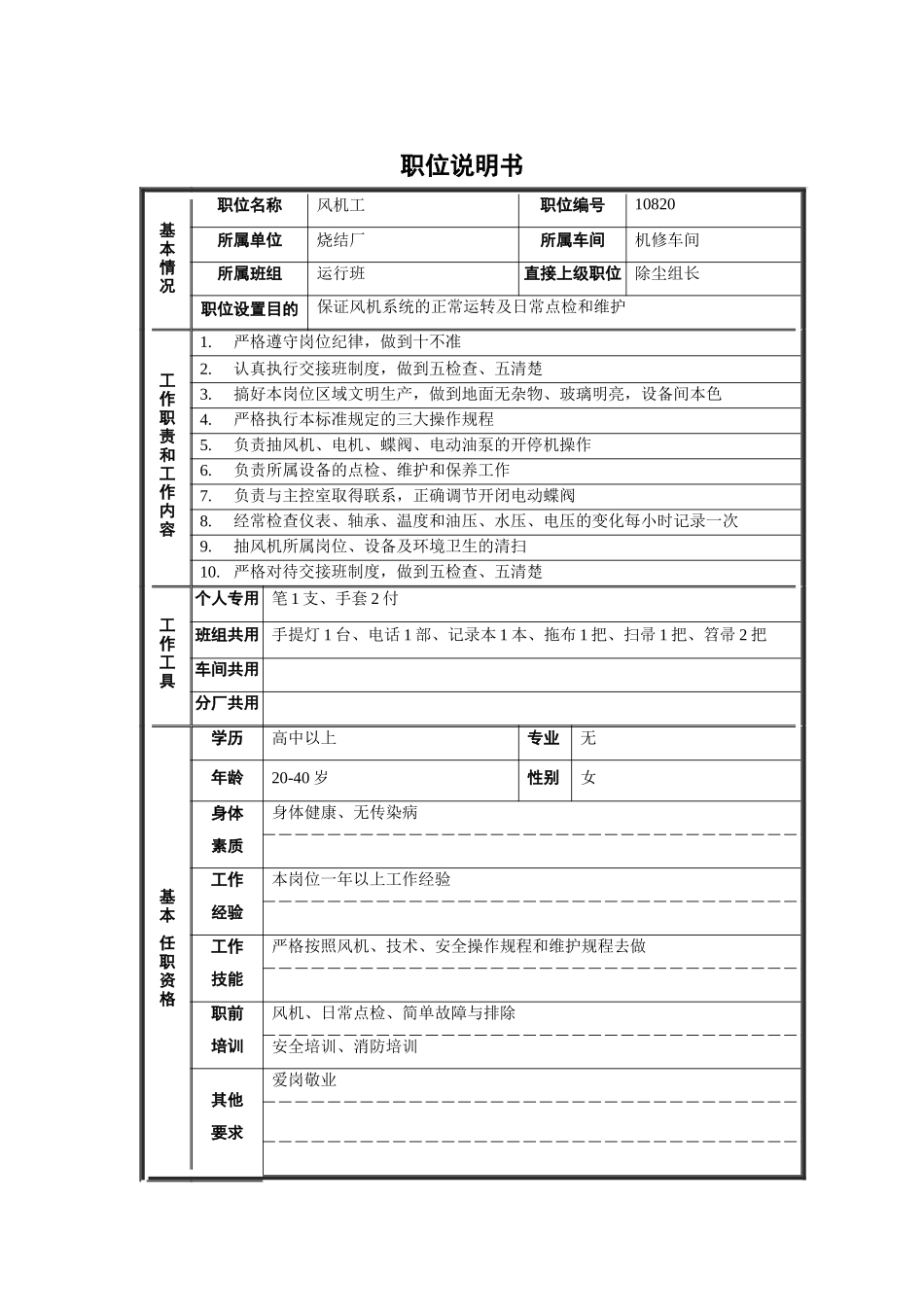 烧结厂机修车间运行班风机工职位说明书_第1页