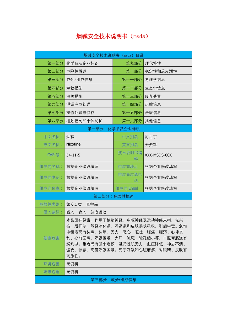 烟碱安全技术说明书msds_第1页