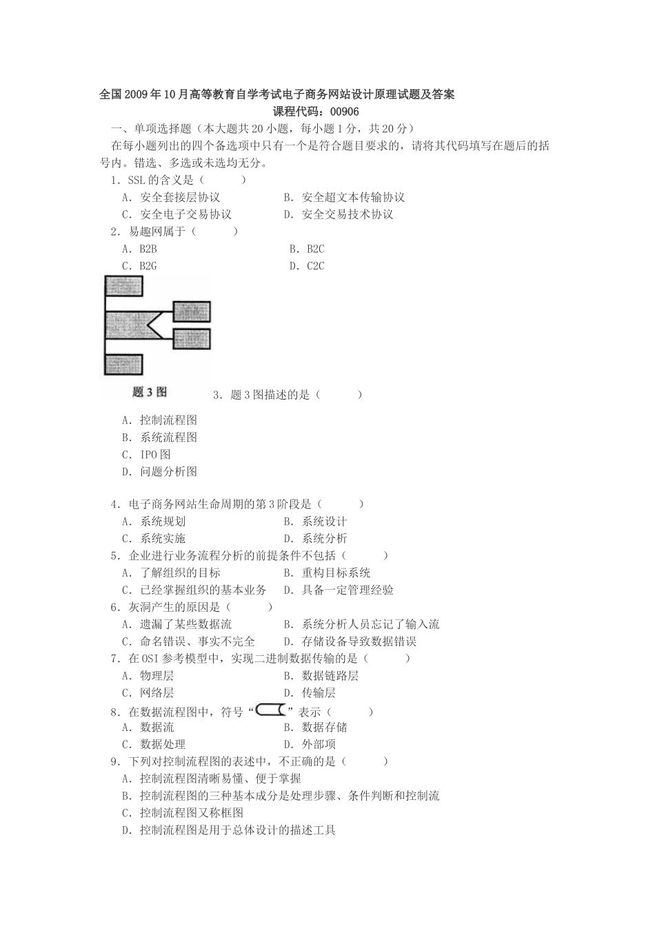 全国2009年10月高等教育自学考试电子商务网站设计原理试题及答案_第1页