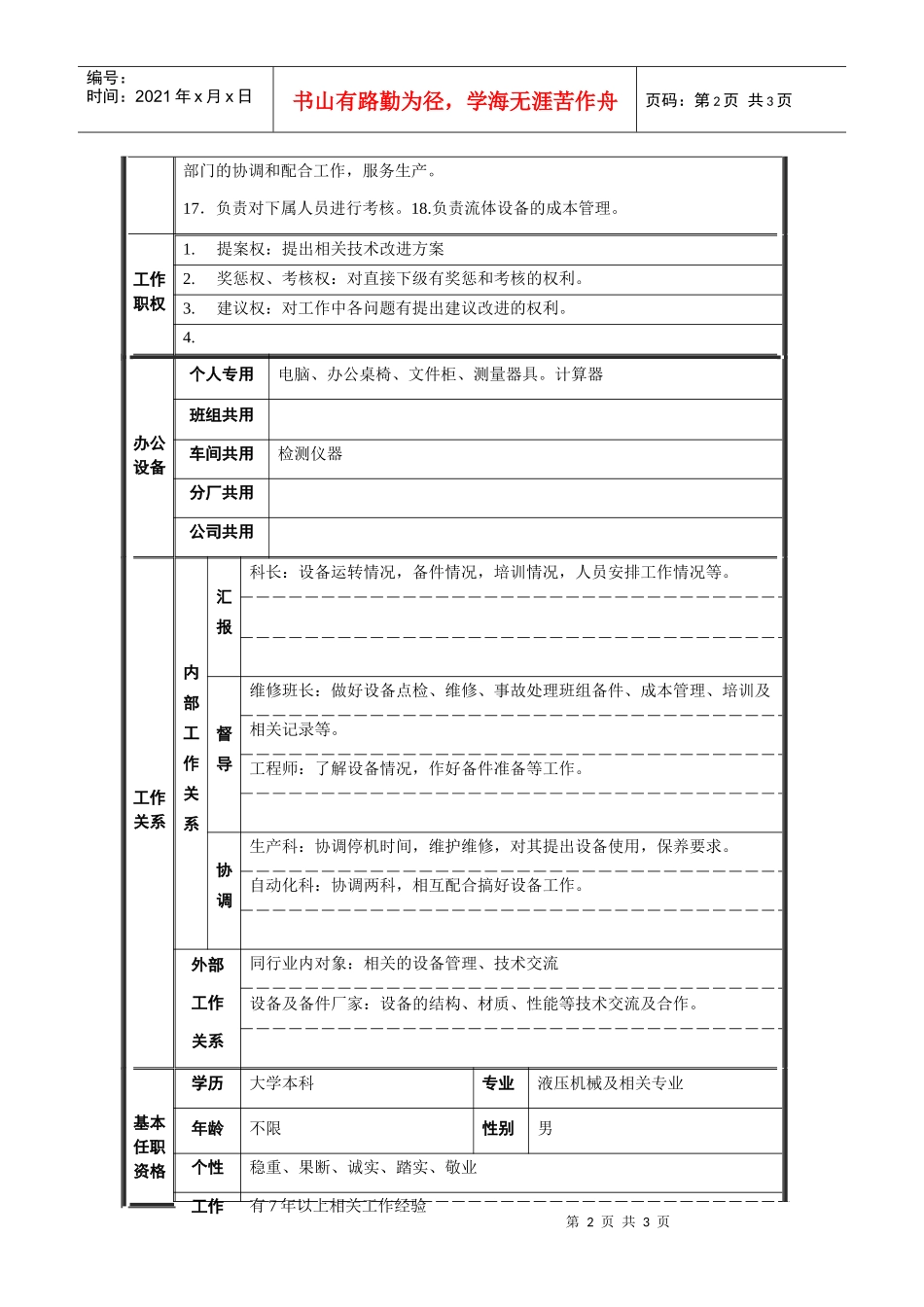 轧钢厂设备动力科副科长2岗位职位说明书_第2页