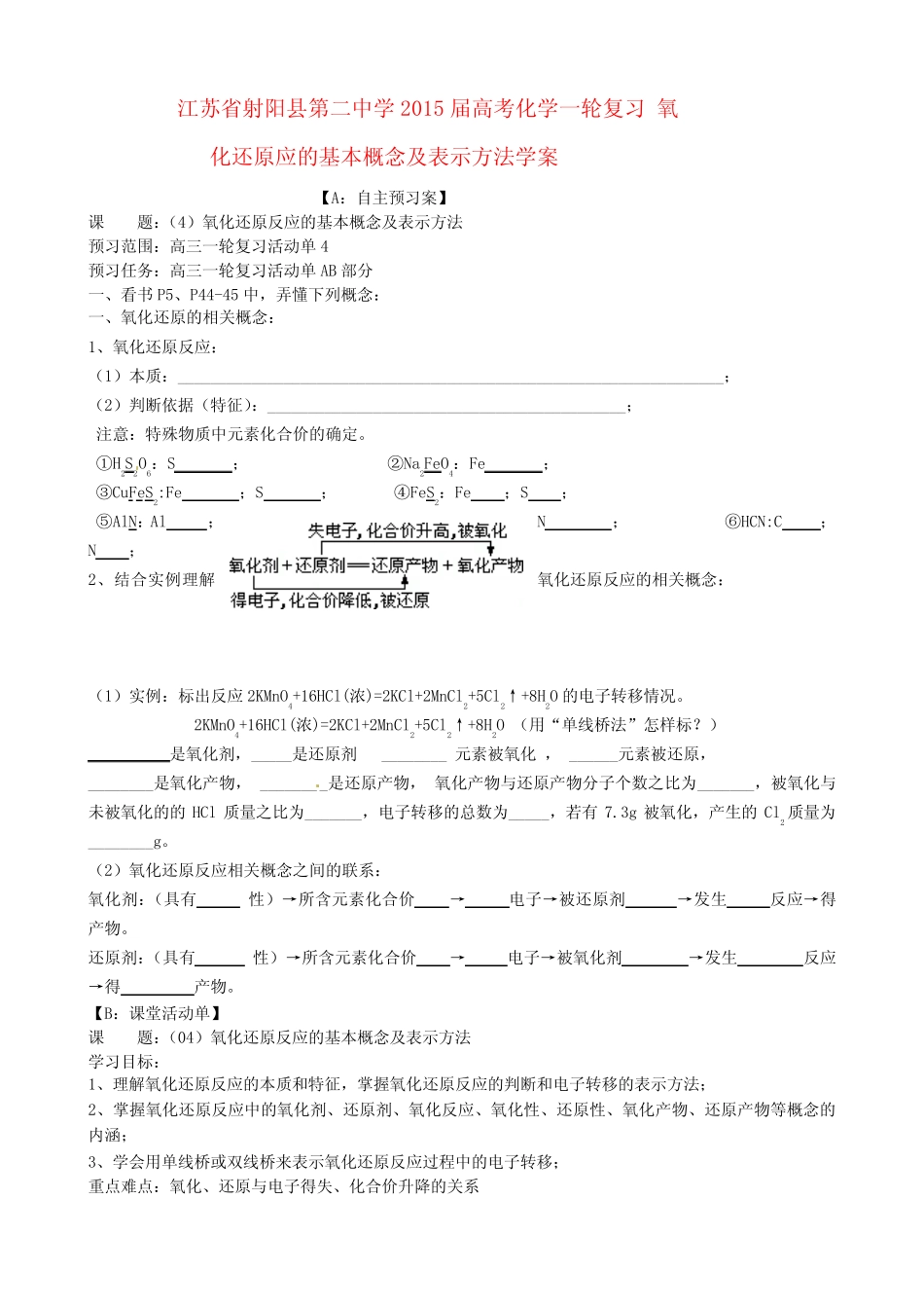 高考化学一轮复习 氧化还原反应的基本概念及表示方法学案_第1页