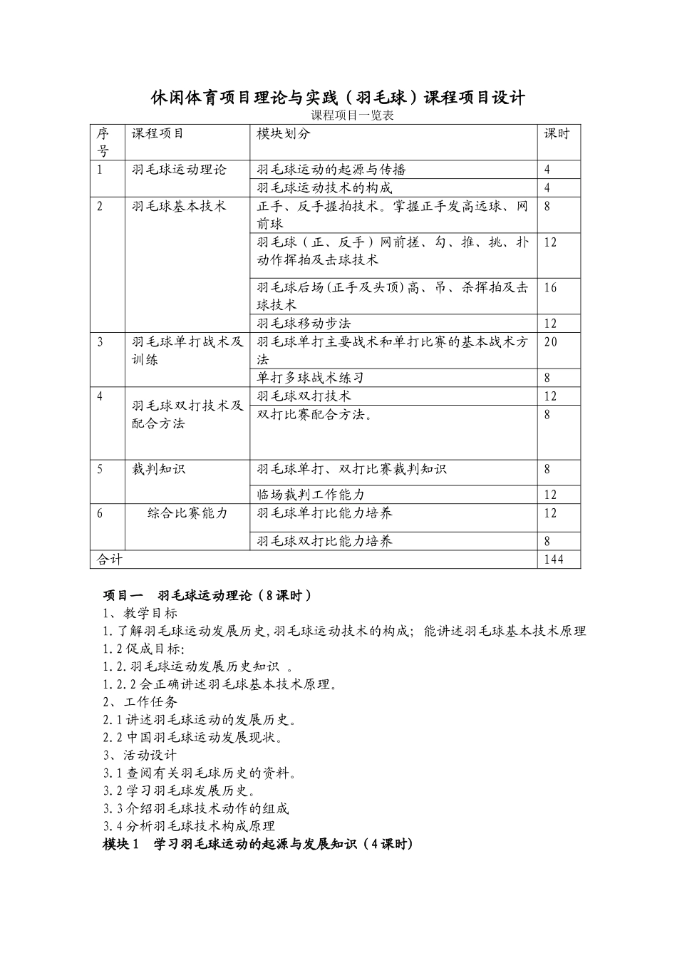 休闲体育项目理论与实践(羽毛球)课程项目设计_第1页
