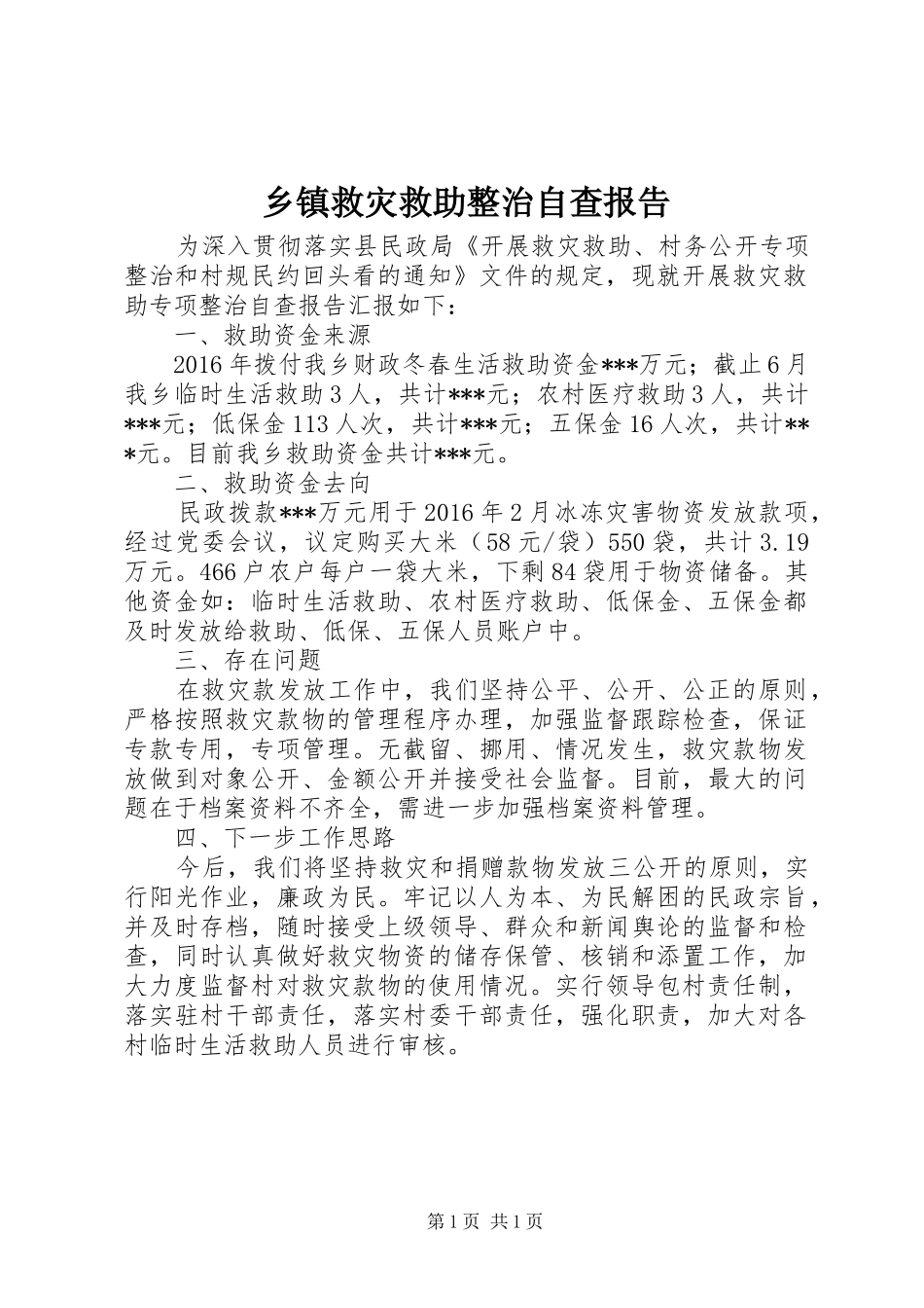 乡镇救灾救助整治自查报告_第1页