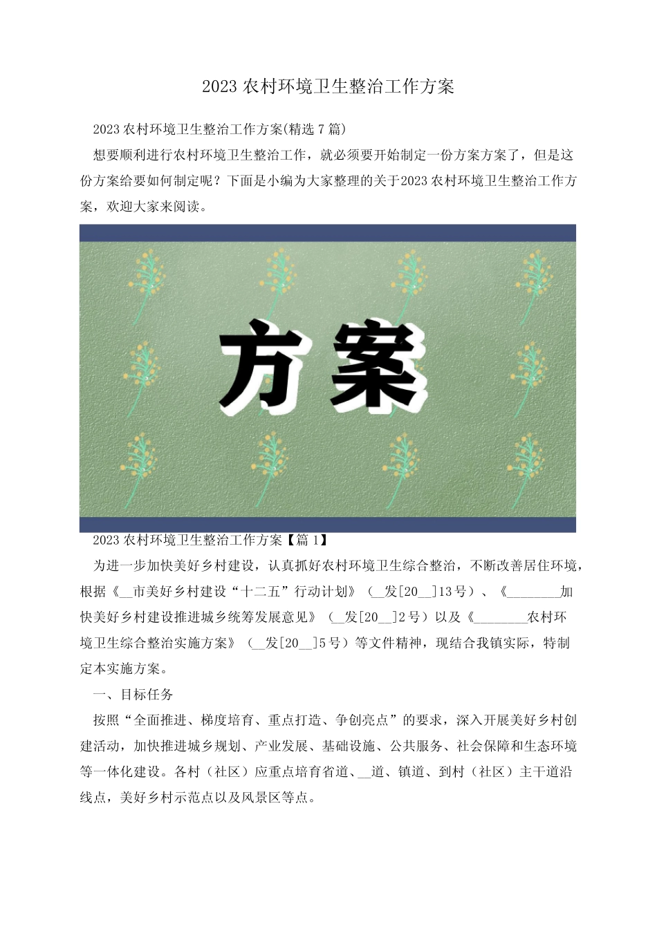 2023农村环境卫生整治工作方案_第1页
