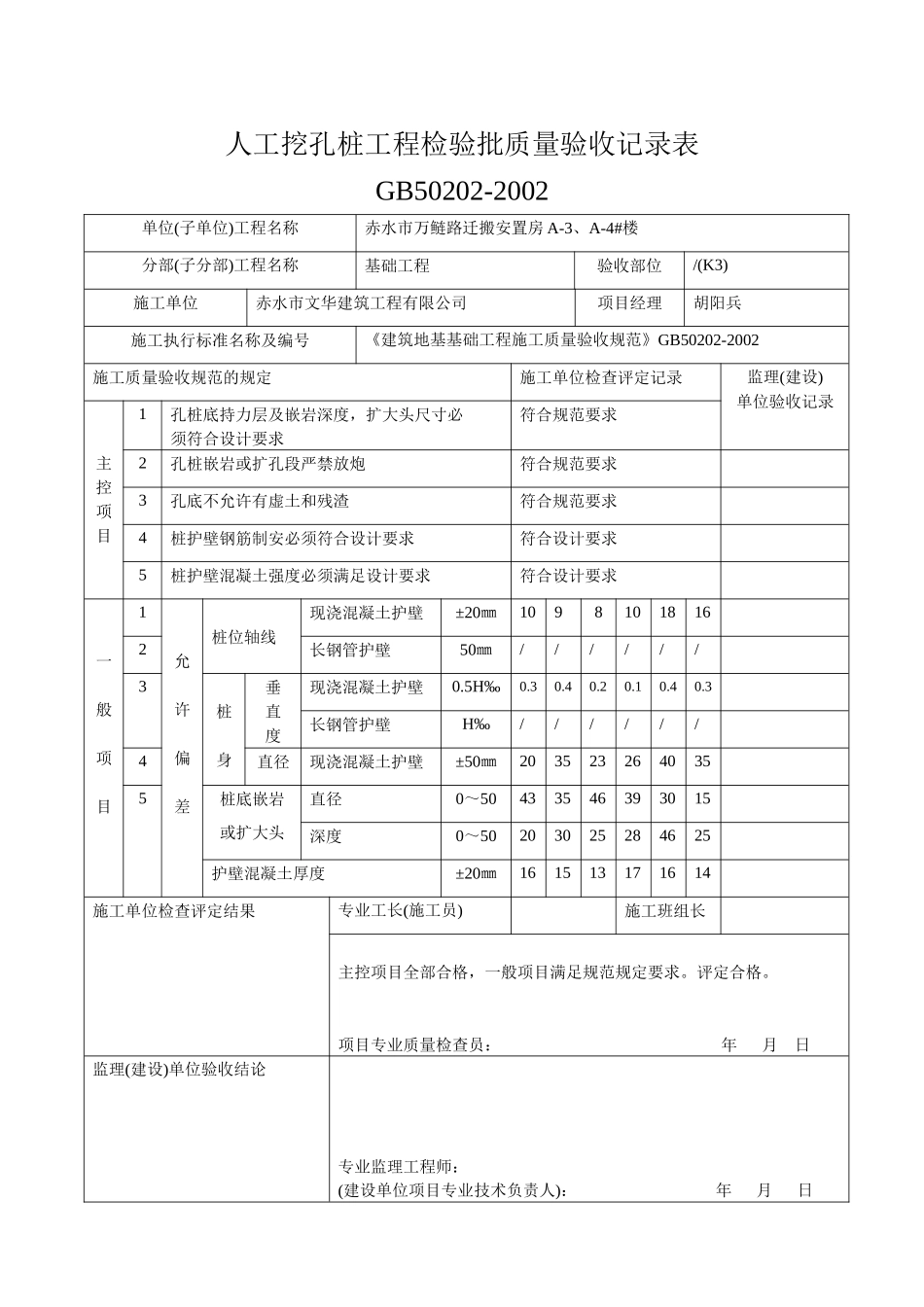 人工挖孔桩工程检验批质量验收记录表_第2页