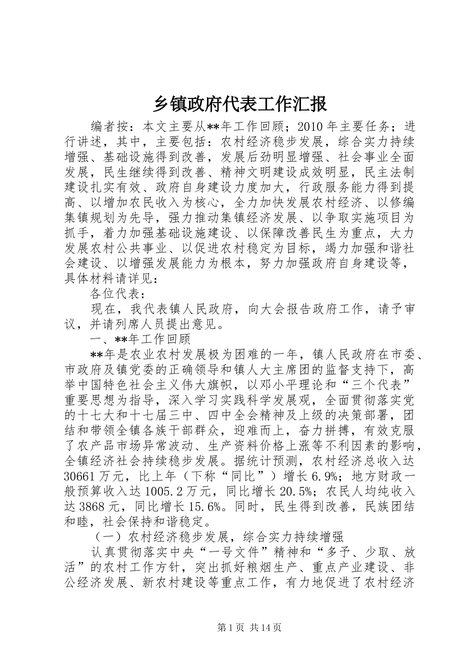 乡镇政府代表工作汇报_第1页