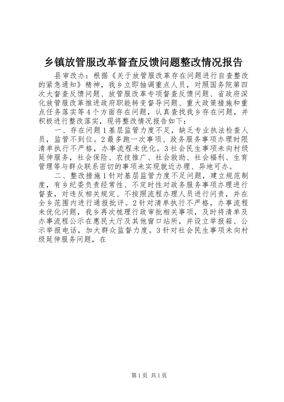 乡镇放管服改革督查反馈问题整改情况报告_第1页