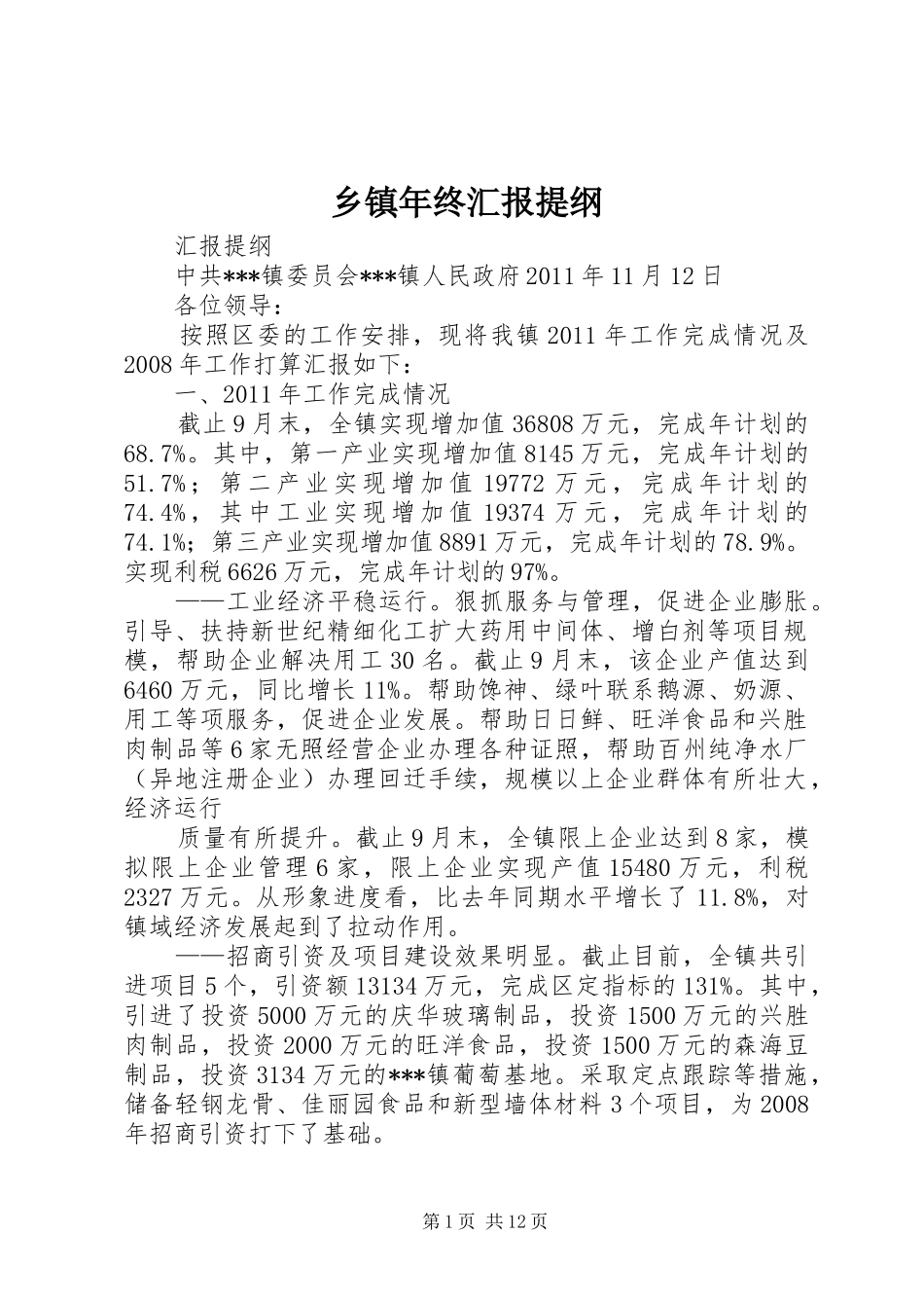 乡镇年终汇报提纲_第1页