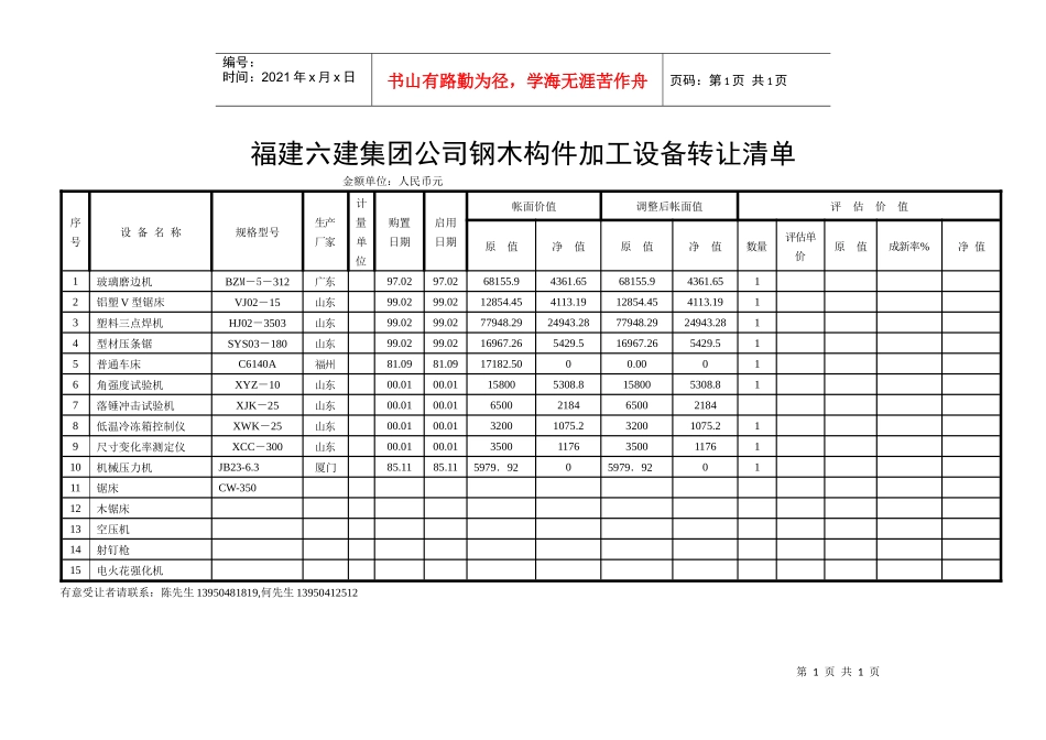 固定资产——机器设备移交表_第1页