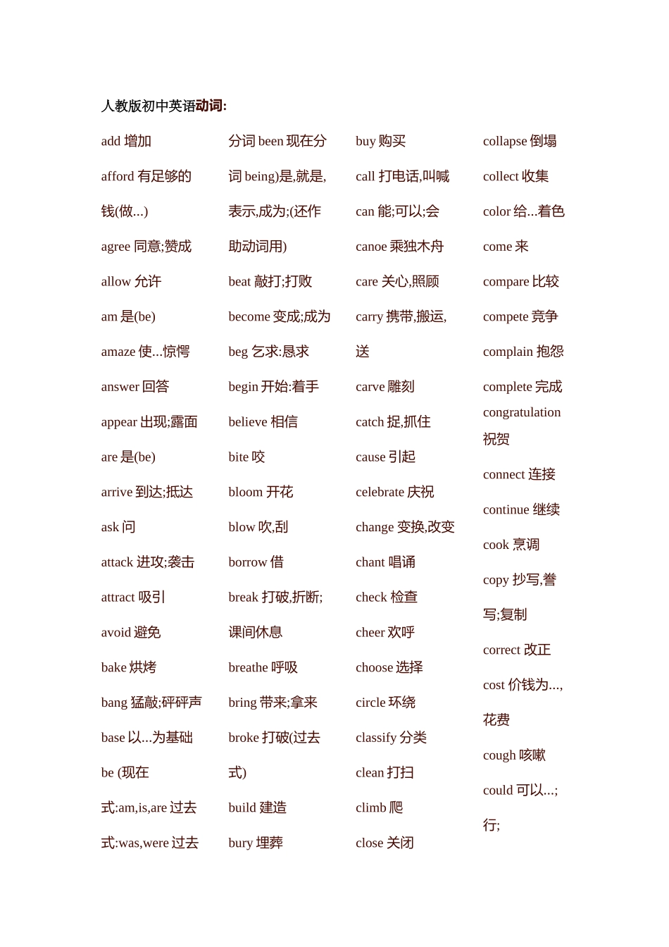 人教版初中英语动词表_第1页