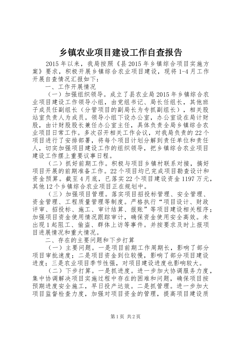 乡镇农业项目建设工作自查报告_第1页
