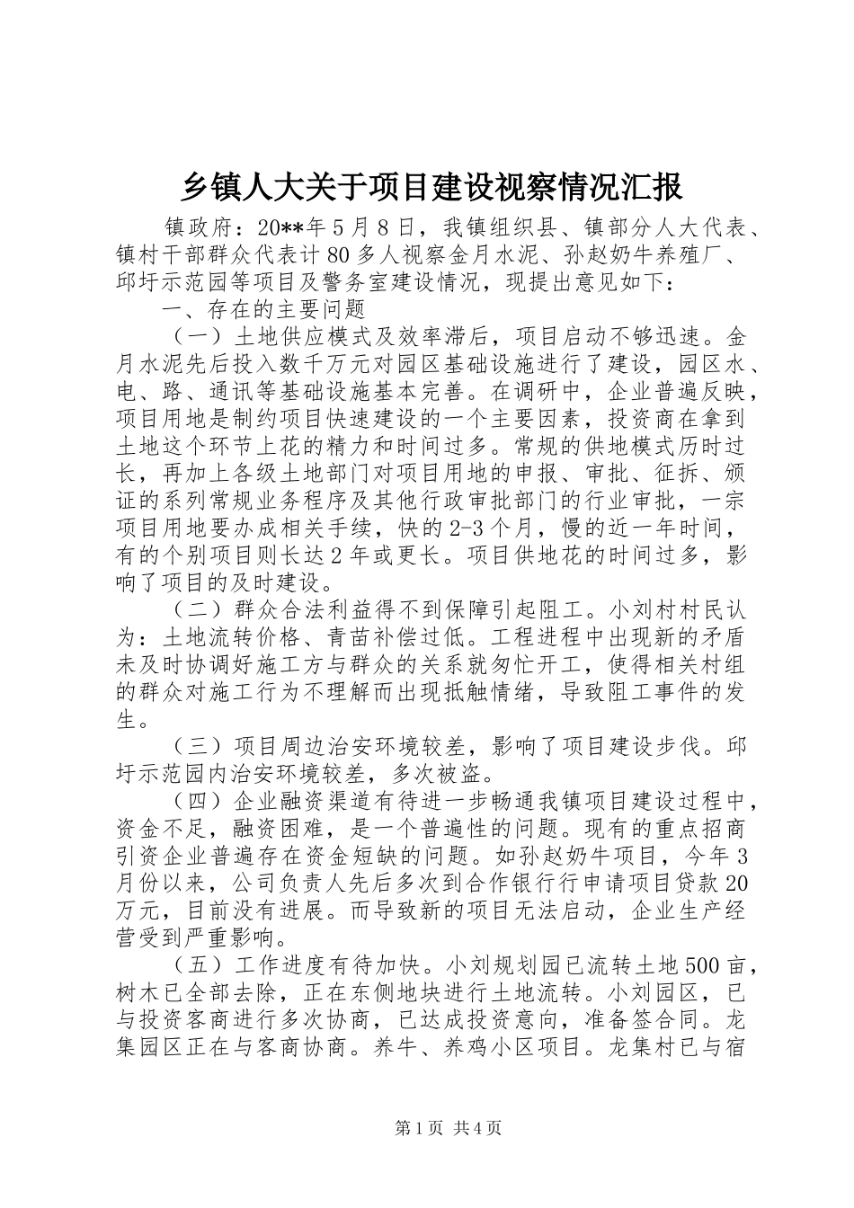 乡镇人大关于项目建设视察情况汇报_第1页