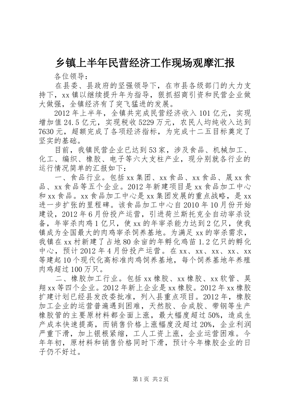 乡镇上半年民营经济工作现场观摩汇报_第1页