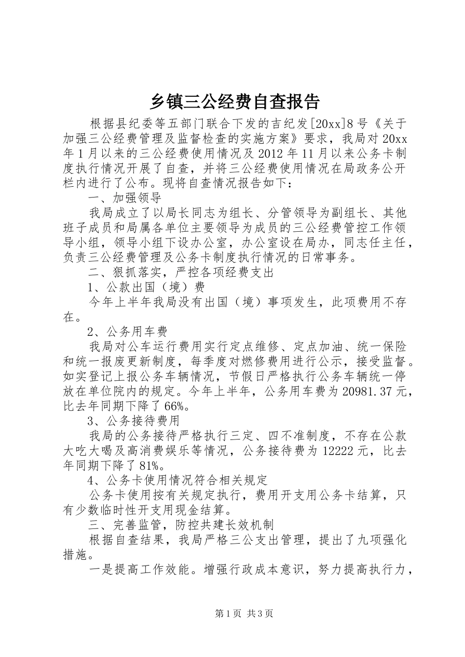 乡镇三公经费自查报告_第1页