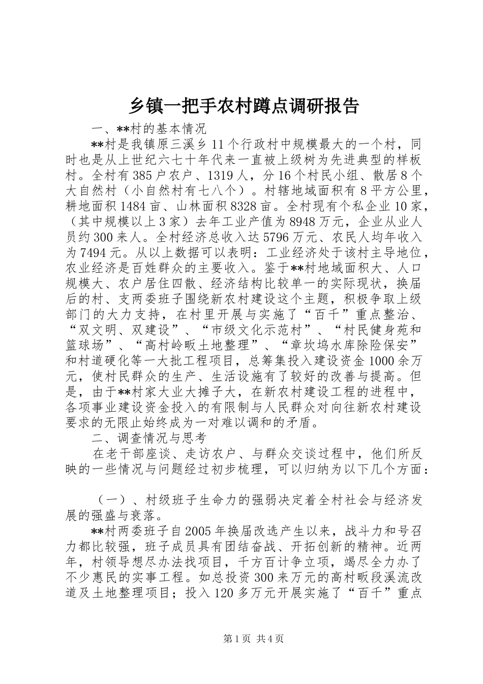乡镇一把手农村蹲点调研报告_第1页