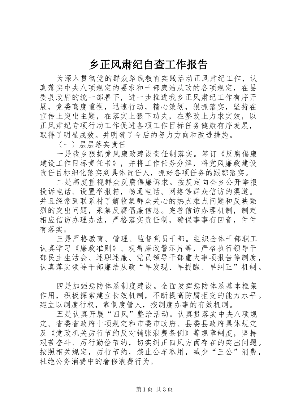 乡正风肃纪自查工作报告_第1页
