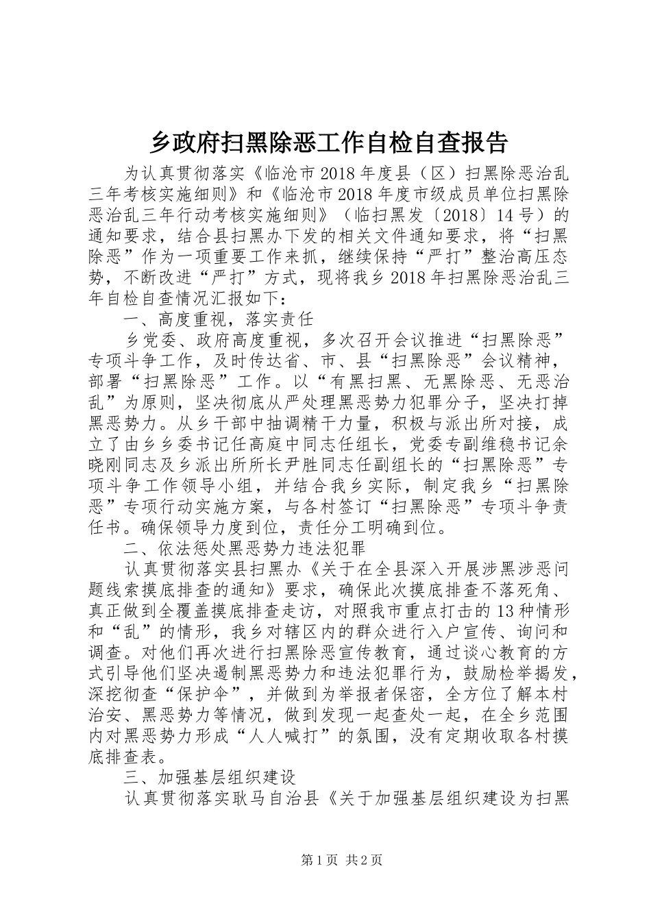 乡政府扫黑除恶工作自检自查报告_第1页