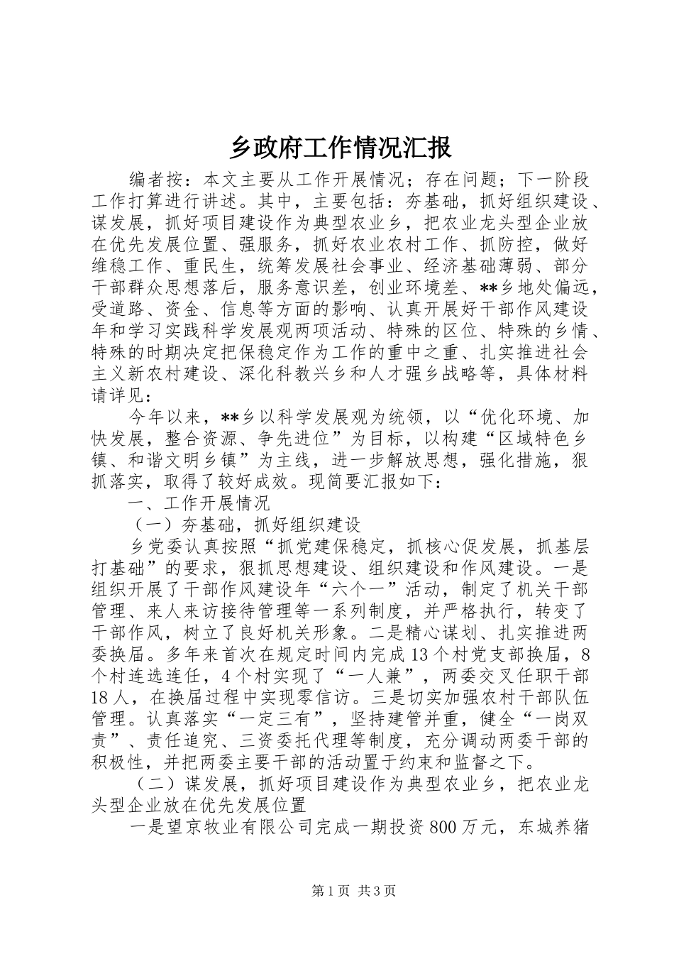 乡政府工作情况汇报_第1页