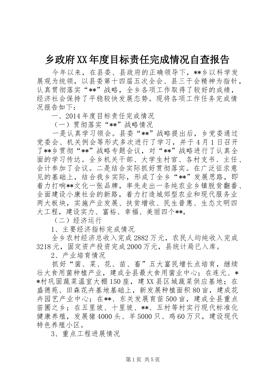 乡政府XX年度目标责任完成情况自查报告_第1页