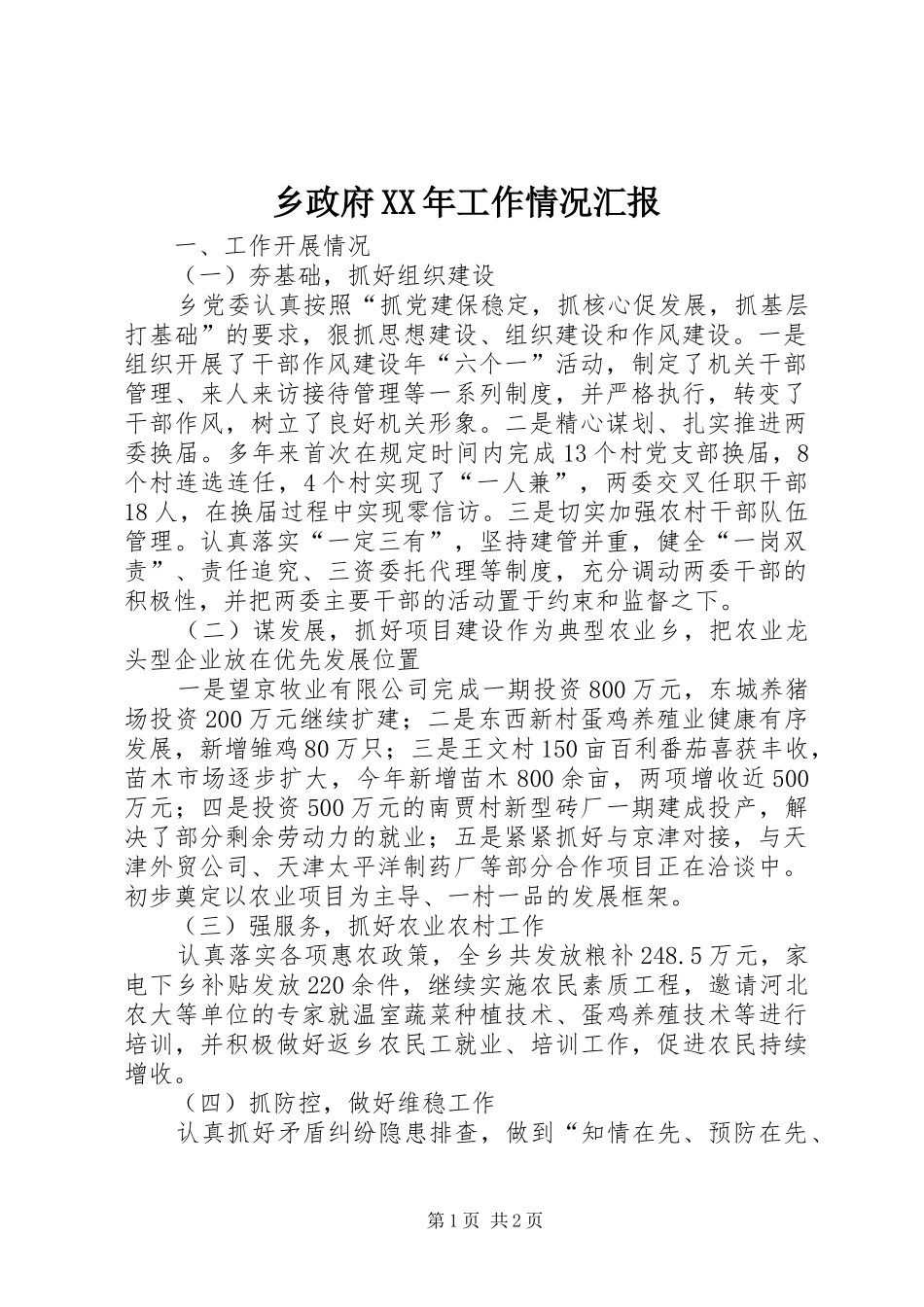 乡政府XX年工作情况汇报_第1页